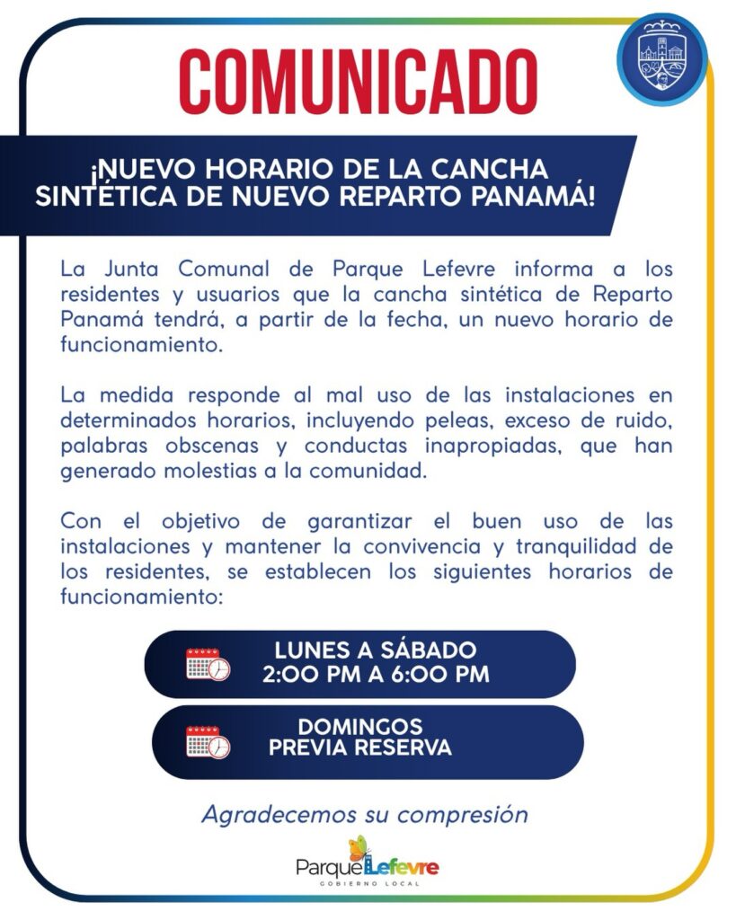 NUEVO HORARIO DE LA CANCHA SINTÉTICA DE NUEVO REPARTO PANAMÁ